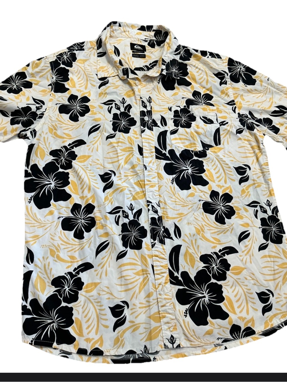 Quiksilver XL Hawaiian Shirt Black Yellow Hibiscus Floral 100% Cotton Button Up